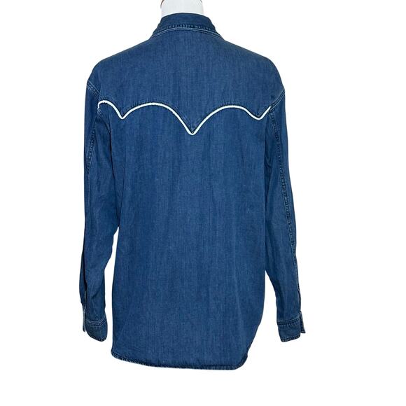 asos Denim Western Button Up Blue With White Piping Pearlized Snaps Sz 8 UK12 - Picture 2 of 8